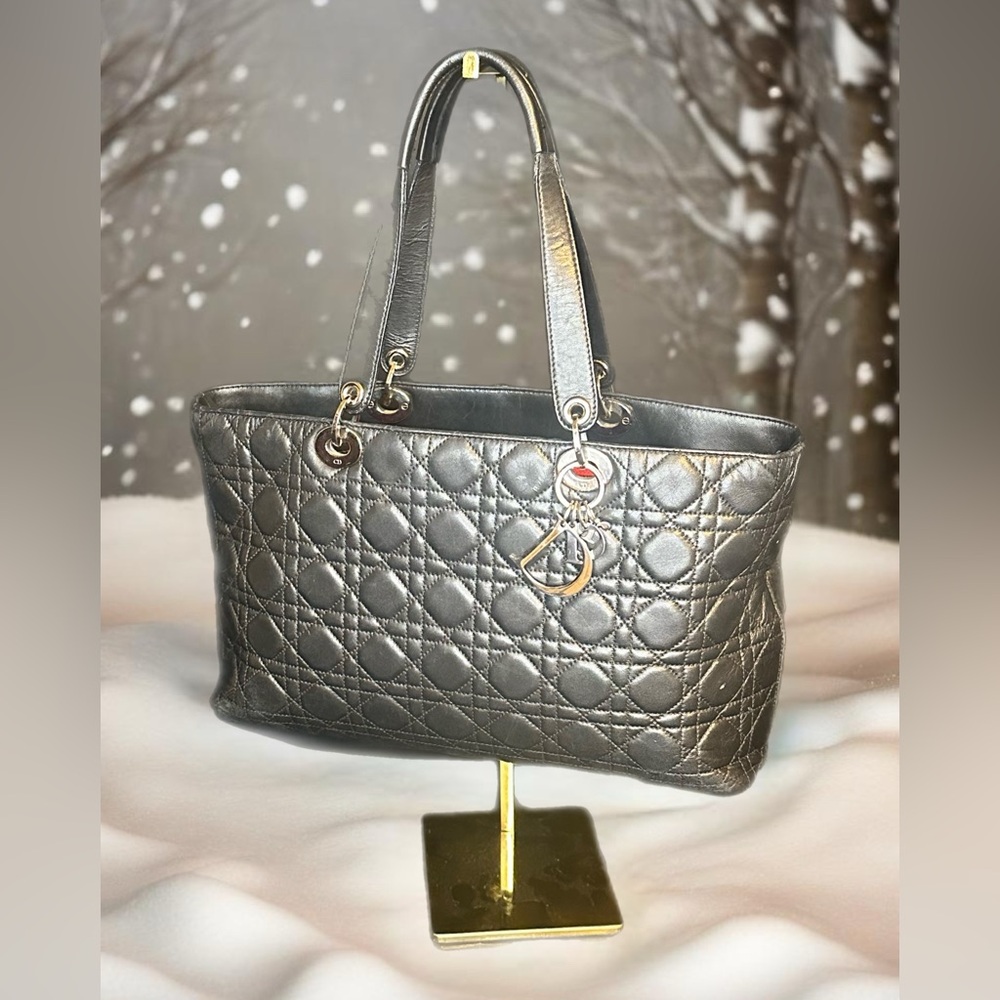 CHRISTIAN DIOR Cannage Quilted Black Leather Tote Bag